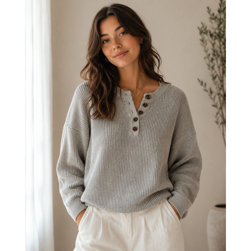 Women’s Aerie Gray Knit Sweater Size Medium Henley Lounge Comfort Soft Leisure